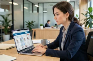 Femme professionnelle en blazer marine recherchant un emploi B2B sur une plateforme spécialisée depuis son bureau en open space