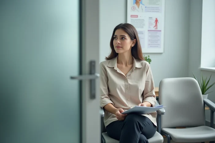 Femme en salle d'attente médicale tenant une brochure, représentant un suivi médical pour réduire le taux de CDT