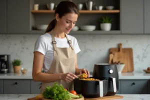 Femme utilisant un air fryer Medek pour cuire des légumes dans une cuisine moderne