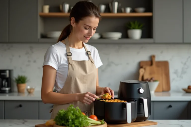 Femme utilisant un air fryer Medek pour cuire des légumes dans une cuisine moderne