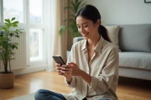 Femme utilisant l'outil de localisation Rabbit Finder sur son smartphone dans un appartement moderne