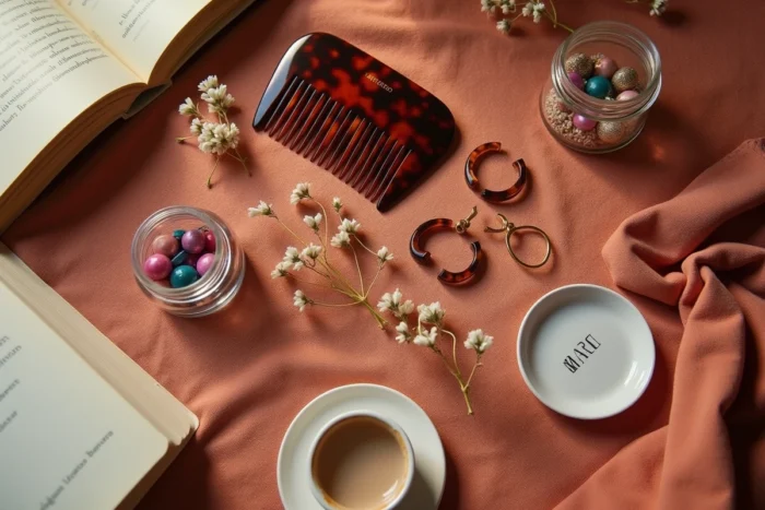 Flat-lay d'accessoires beauté tendance et originaux sur un tissu en lin terracotta avec fleurs séchées