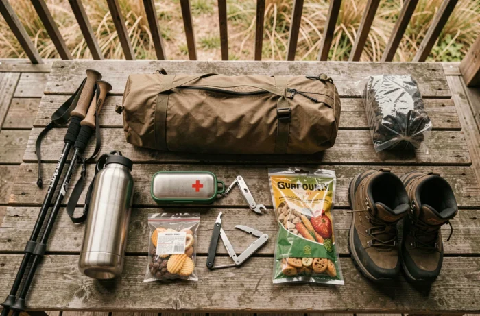 Flat lay d'équipement de randonnée et de plein air sur une table en bois rustique incluant tente, bâtons et chaussures