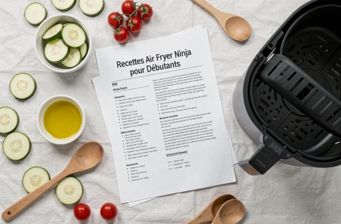 Flat lay d'une recette Air Fryer Ninja imprimée en PDF avec légumes frais et panier de friteuse sans huile