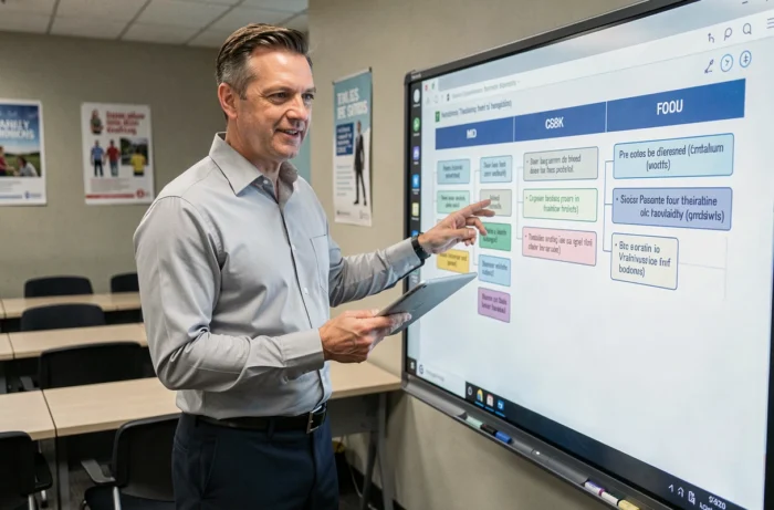 Formateur professionnel debout devant un tableau interactif présentant un programme de formation certifiante