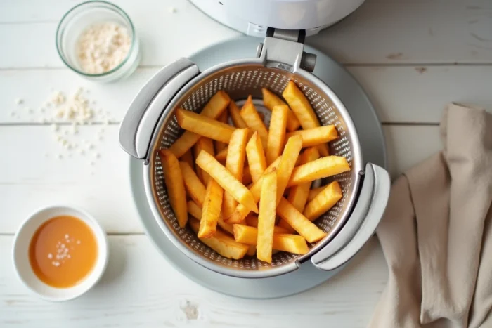 Frites dorées et croustillantes cuites dans un air fryer Medek présentées dans le panier ouvert