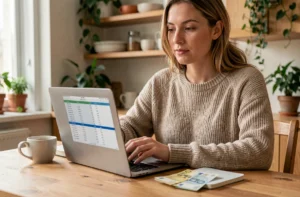 Femme gérant son budget personnel sur un ordinateur portable à la table de sa cuisine avec des billets et un carnet de notes