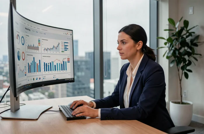 Femme d'affaires analysant des tableaux de bord financiers digitaux sur un grand écran dans un bureau moderne