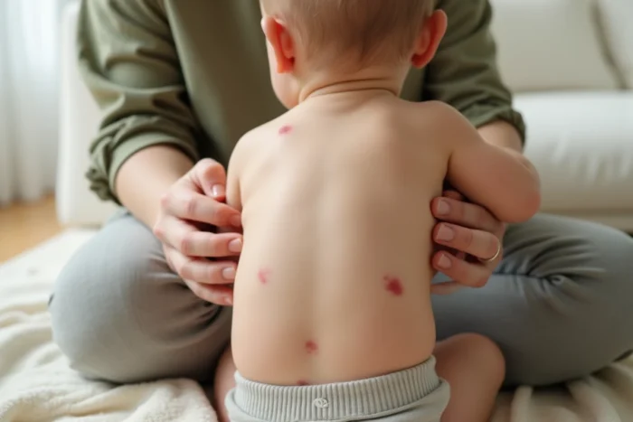 Gros plan des boutons rouges dans le dos d'un bébé tenu par un parent dans un salon