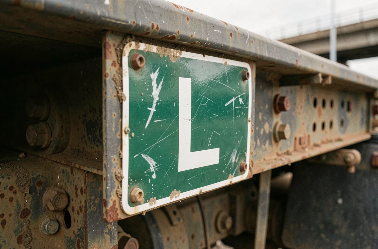 Gros plan sur le panneau vert réglementaire lettre L fixé à l'arrière d'un camion poids lourd avec traces d'usure