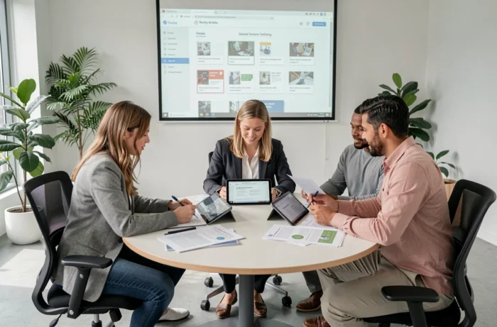 Groupe d'adultes en séance de formation professionnelle autour d'une table dans une salle de cours moderne