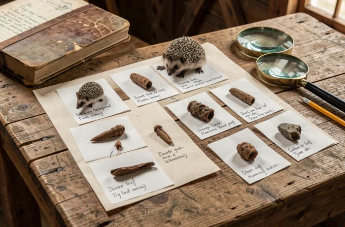 Disposition éducative de crottes d'animaux nocturnes étiquetées sur une table en bois, guide de terrain naturaliste avec loupe et cartes d'identification