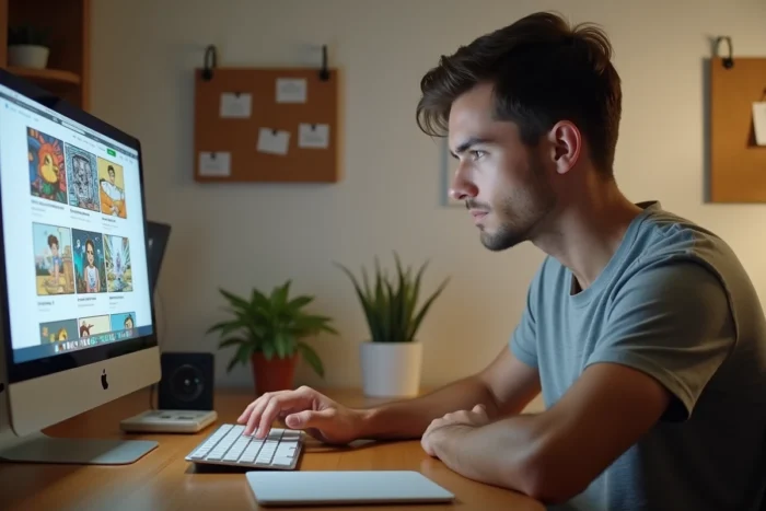 Homme accédant à une plateforme de webtoons sur ordinateur portable depuis son bureau à domicile, suivi de webtoons favoris en ligne