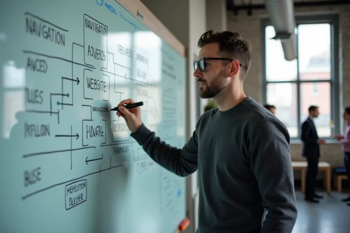 Homme présentant une architecture de navigation de site web sur un tableau blanc dans un espace collaboratif