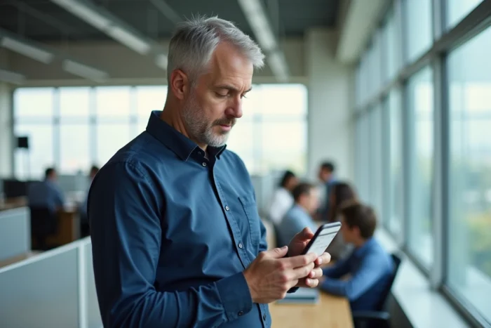 Homme au bureau consultant ses garanties d'assurance via l'application mobile Merci Victor sur smartphone