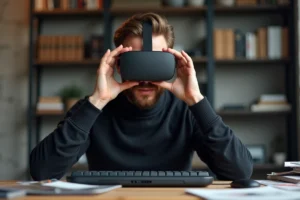 Homme testant un casque de réalité augmentée dans un espace de travail high-tech moderne