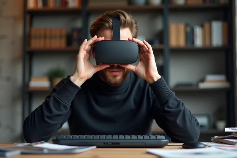 Homme testant un casque de réalité augmentée dans un espace de travail high-tech moderne