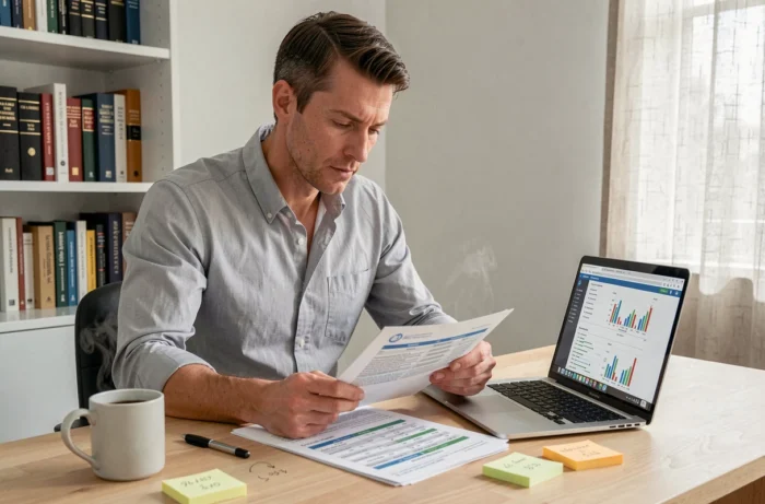 Homme concentré comparant des offres d'assurance sur ordinateur et documents imprimés dans un bureau à domicile