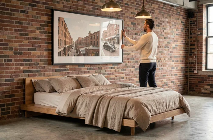 Homme accrochant une grande oeuvre d'art au-dessus d'un lit plateforme dans un loft industriel chic à la décoration personnalisée