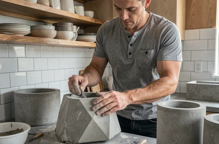 Homme fabriquant des pots en béton géométriques DIY dans une cuisine moderne, projet de décoration intérieure fait maison