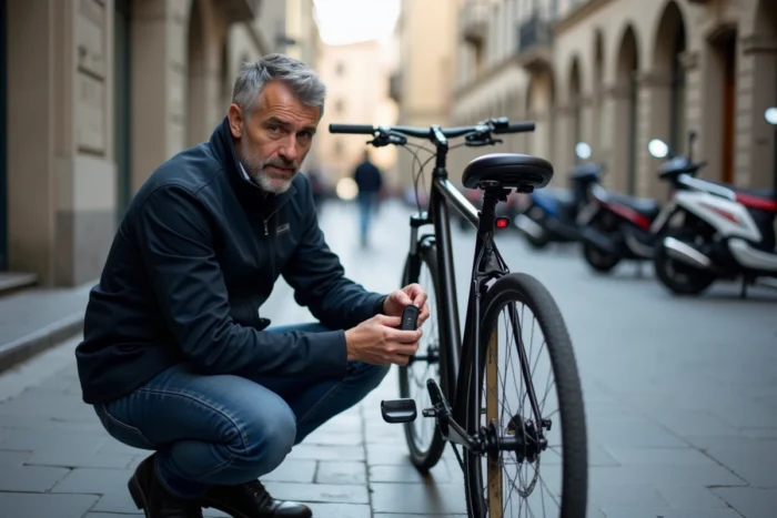 Homme fixant un traceur GPS Rabbit Finder sur son vélo dans une rue pavée européenne