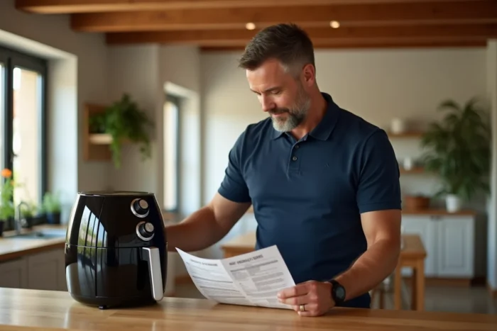 Homme consultant le manuel d'utilisation de son air fryer Medek posé sur un îlot de cuisine en bois