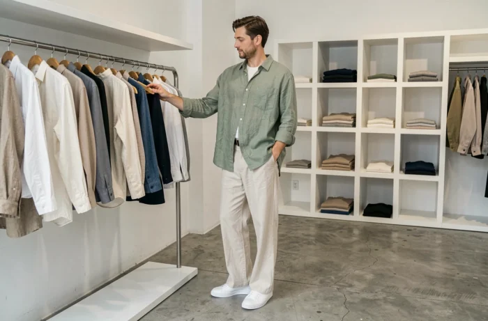 Homme en chemise lin vert sauge et pantalon large explorant une boutique de mode minimaliste contemporaine