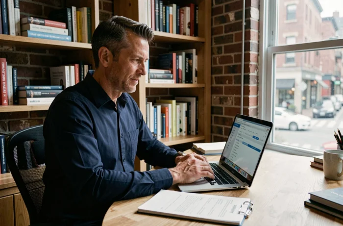 Un homme travaillant sur l'optimisation SEO de son site web depuis un bureau à domicile avec un ordinateur portable et des notes manuscrites