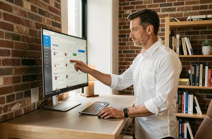 Homme en chemise blanche consultant une plateforme B2B spécialisée sur grand écran dans un bureau à domicile moderne