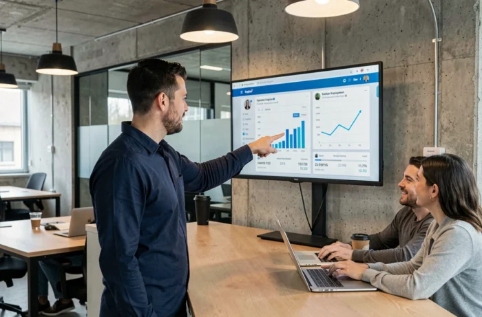 Homme présentant des statistiques de marketing digital sur un écran dans un espace de coworking collaboratif