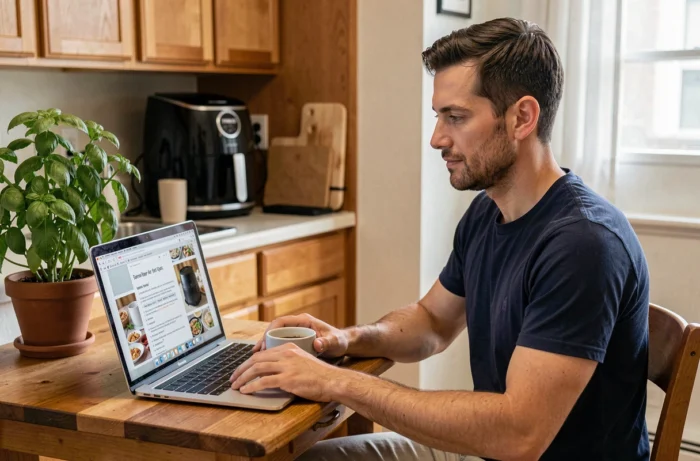 Homme consultant une recette Air Fryer en PDF sur un ordinateur portable dans une cuisine d'appartement
