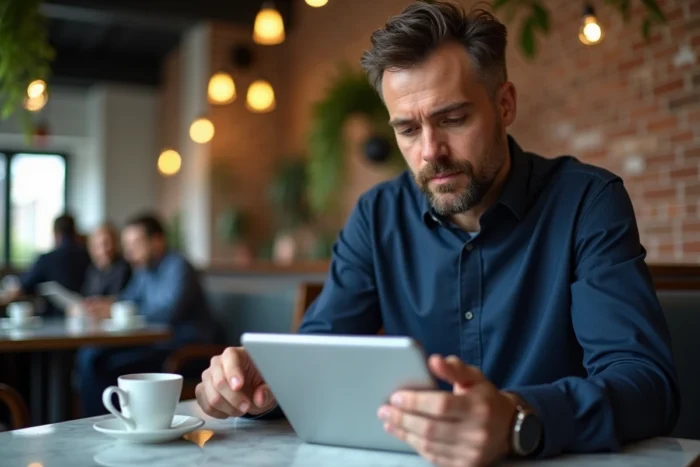 Homme analysant une application de comparaison de frais bancaires sur une tablette dans un café urbain