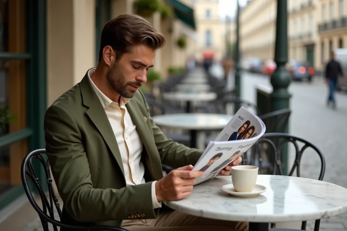 Homme stylé en manteau chore olive feuilletant un magazine de mode tendance en terrasse de café parisien