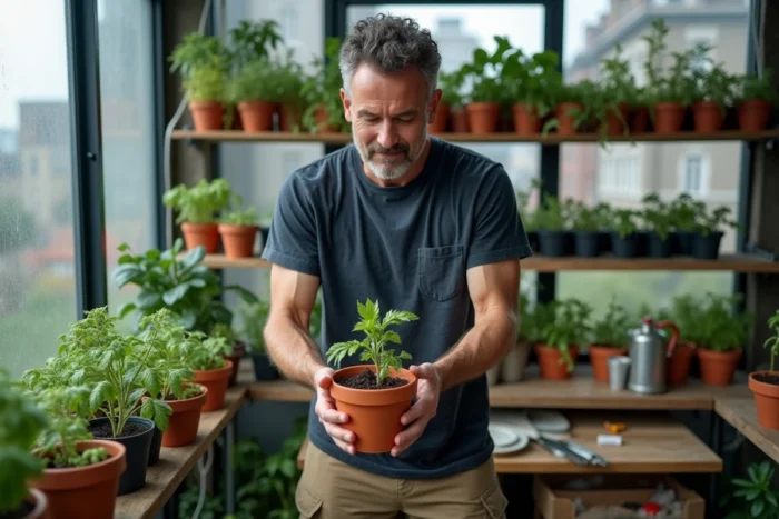 Homme transplantant des semis de tomates dans des pots en terre cuite sur un balcon jardin urbain