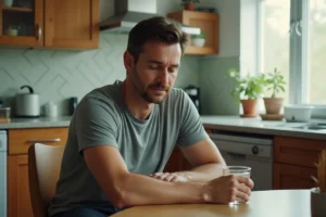 Homme réfléchi tenant un verre d'eau dans une cuisine, illustration d'un sevrage progressif de l'alcool