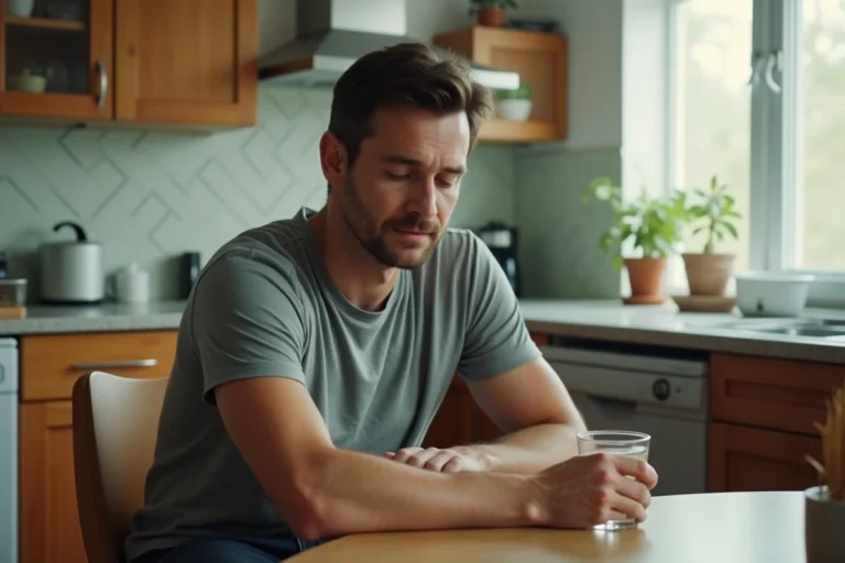 Homme réfléchi tenant un verre d'eau dans une cuisine, illustration d'un sevrage progressif de l'alcool