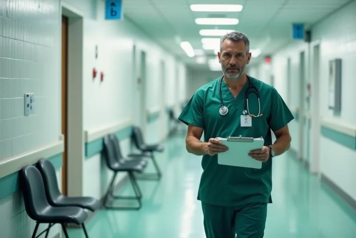 Couloir d'hôpital en France avec un médecin en tenue chirurgicale, évoquant les scènes hospitalières de la série Demain Nous Appartient