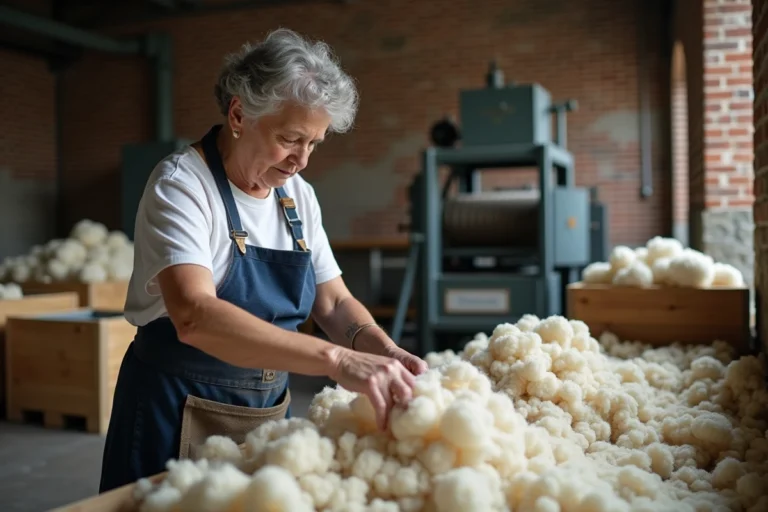 Ouvrière textile inspectant des fibres de laine brute dans une filature industrielle traditionnelle