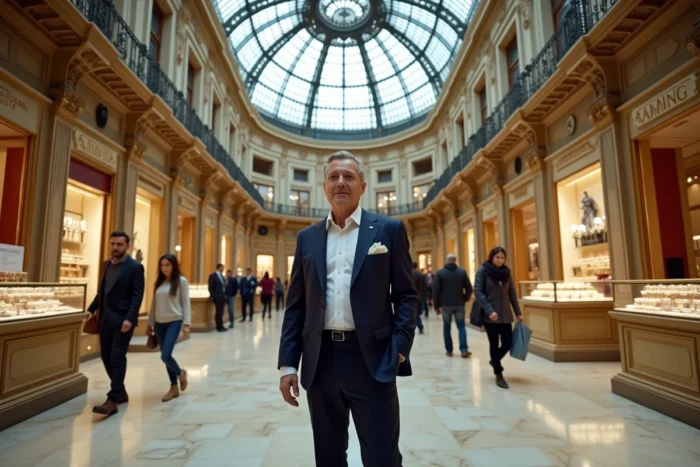 Intérieur majestueux d'un grand magasin parisien avec dôme en verre, balcons en fer forgé et comptoirs de parfums de luxe