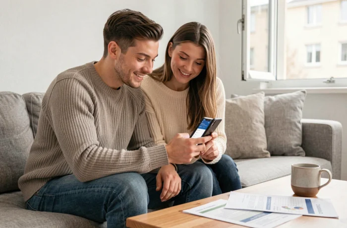 Jeune couple choisissant une solution bancaire en ligne sur smartphone dans leur salon