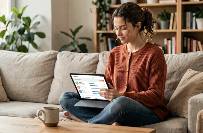 Jeune femme suivant une certification en marketing digital sur une tablette depuis son salon confortable