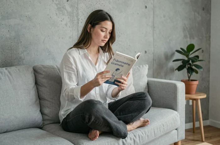 Jeune femme lisant un guide de grammaire française sur un canapé gris pour comprendre les règles d'orthographe