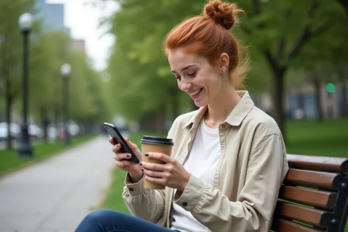 Jeune femme en ville accédant à l'espace client Merci Victor sur mobile pour vérifier ses garanties en déplacement