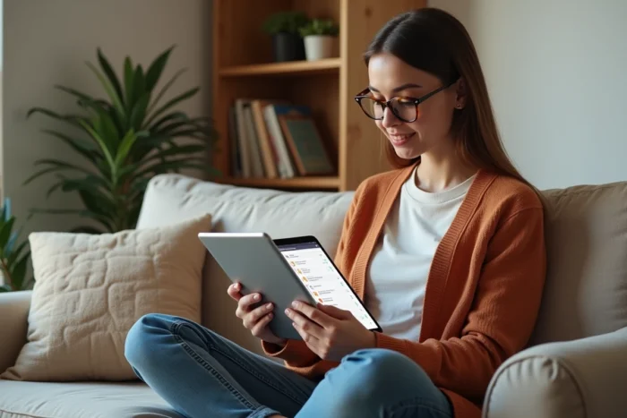 Jeune femme consultant un plan de site intuitif sur une tablette depuis un espace de travail à domicile