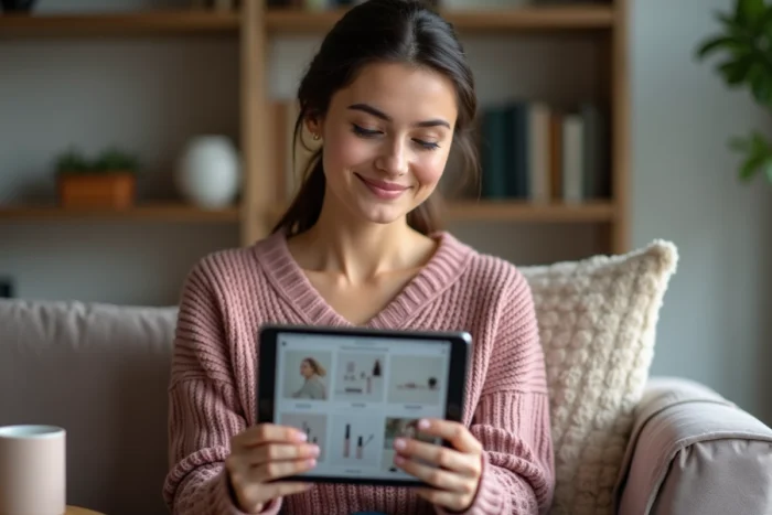 Jeune femme consultant le plan d'un site beauté sur une tablette dans un salon cosy