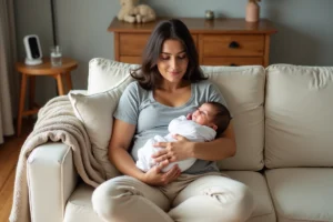 Jeune mère tenant son nouveau-né dans les bras sur un canapé crème, ambiance chaleureuse et familiale pour illustrer les conseils aux jeunes parents