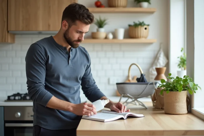 Jeune père préparant un biberon dans une cuisine moderne avec un livre de conseils parentaux ouvert sur le comptoir