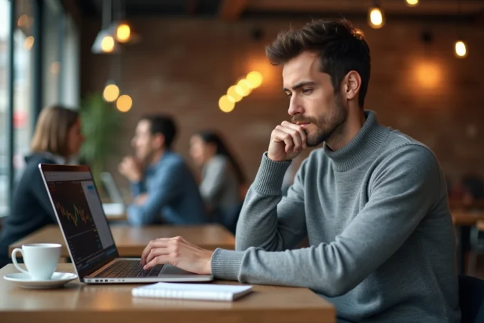 Jeune professionnel travaillant sur une plateforme de trading financier dans un café urbain moderne