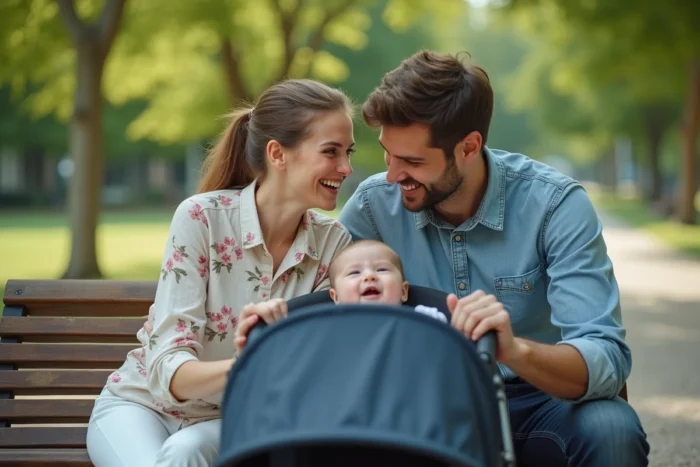 Jeune couple de parents regardant leur bébé dans une poussette sur un banc de parc, moment de complicité parentale en plein air