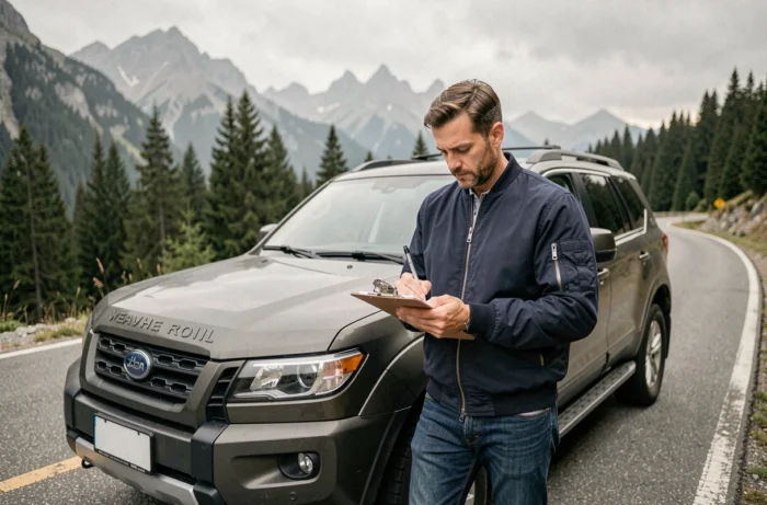 Journaliste automobile prenant des notes devant un SUV sur une route de montagne sinueuse entourée de forêts de pins